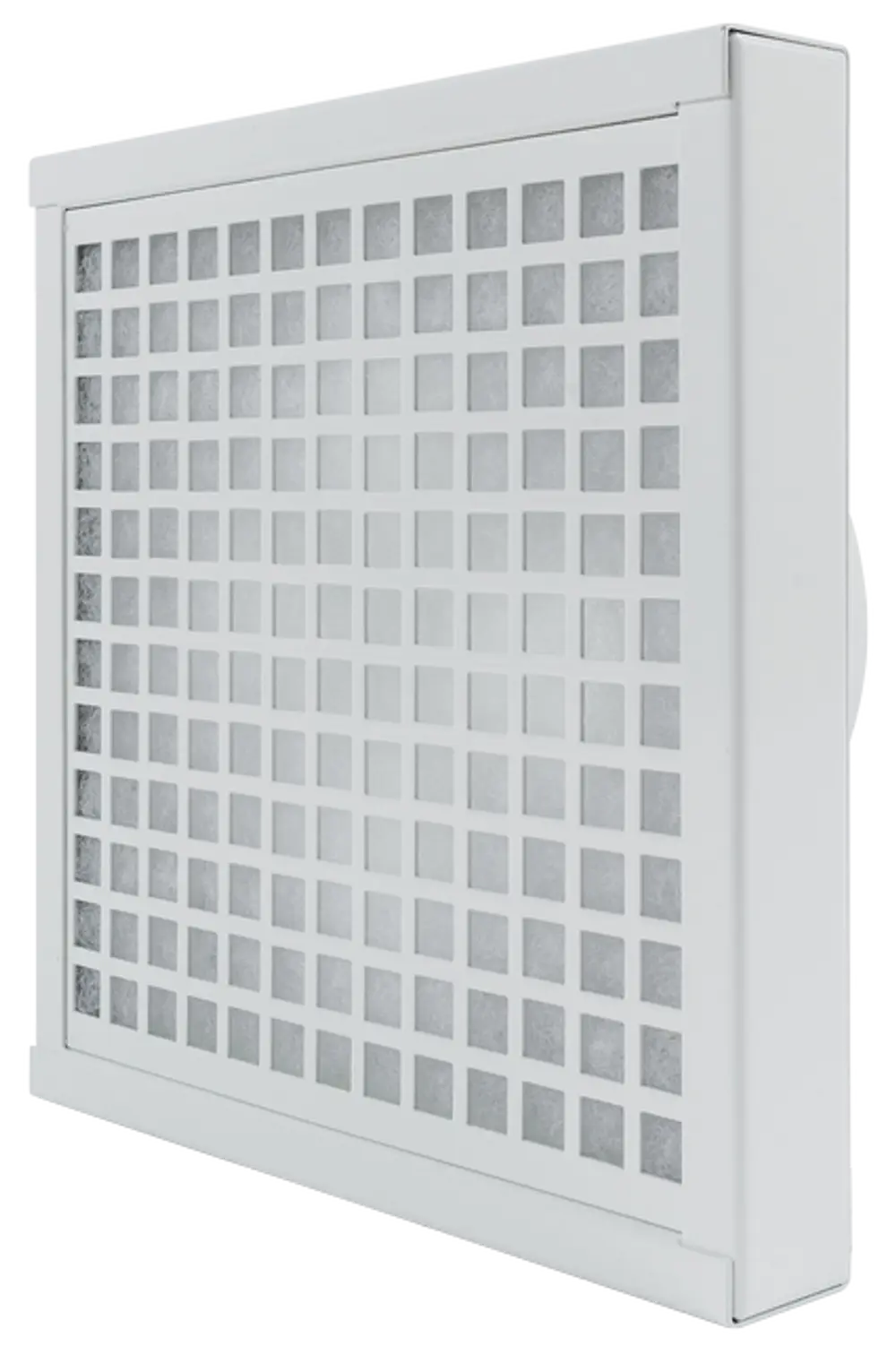 Weiße Abdeckung mit quadratischem Gitter, unter dem sich ein Fettfilter befindet. Produkt von Wolf, geeignet für Küchen-Abluftsysteme zur effektiven Filtration.